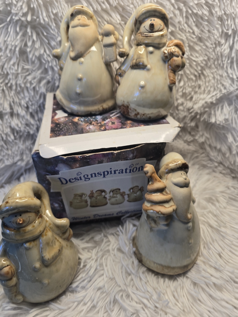 Ceramic Santa & Snowman Set - Cream Holiday Figurines